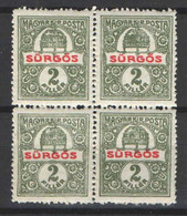 Specials - Hungary 1916. Surgos Stamp In 4-blocks ! Michel:180. MNH (**) - Nuovi