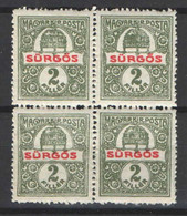 Specials - Hungary 1916. Surgos Stamp In 4-blocks ! Michel:180. MNH (**) - Nuevos