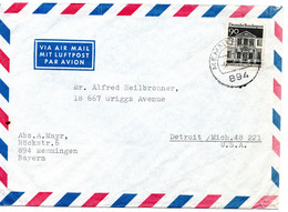 63553 - Bund - 1969 - 90Pfg GrBauten EF A LpBf MEMMINGEN -> Detroit, MI (USA) - Briefe U. Dokumente