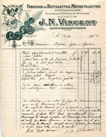 FACTURE.03.ALLIER.SAINT POURÇAIN SUR SIOULE.FABRIQUE DE BICYCLETTES,MOTOCYCLETTES,AUTOMOBILES.J.N.VINCENT. - Automovilismo