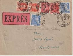 1942 - SUPERBE AFFRANCHISSEMENT PETAIN / MERCURE Sur ENVELOPPE EXPRES ! De BEZIERS (HERAULT) - Storia Postale