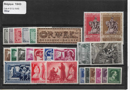 PM68/ Belgique - België Année - Jaar 1943 613 > 646 Sauf 615/622 ** MNH  Cote 53.25 > 20% - Unused Stamps