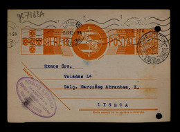 Gc7188A PORTUGAL Postal Stationery "V.NOVA.de OURÉM" Town Slogan-pmk 1942-11-18 Mailed Lisboa (2 File Holes) - Postal Logo & Postmarks