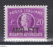 TRIESTE  A:  1952  RECAPITO  AUTORIZZATO  -  £. 20  LILLA  N. -  SASS. 5/I - Fiscali