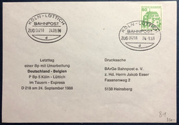 Allemagne, Divers Sur Enveloppe, Cachet BAHNPOST Koln - Lûttich 24.09.1988 - (B4251) - Briefe U. Dokumente
