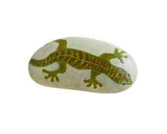 GREEN GECKO Hand Painted On A Smooth Beach Stone Paperweight - Pisapapeles