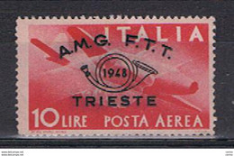 TRIESTE  A  VARIETA':  1948  P.A. CONVEGNO  FILATELICO  -  £. 10  ROSA  CARMINIO  N. -  DECALCO  -  SASS. A 17 B - Airmail