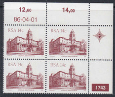 A1343 SOUTH AFRICA 1986 (1982),  SG 520d  Architecture,  MNH Control Block Of 4 - Nuevos