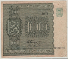 FINLAND   100 Markkaa   P88a   1945    Litt.  B    Arms + Woman With Lion  On Back - Finlandia