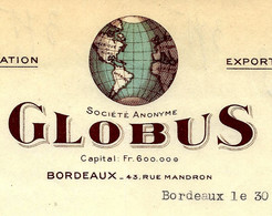 1931 ENTETE GLOBUS IMPORTATION EXPORTATION Bordeaux  Pour Roques Narbonne B.E. - 1900 – 1949
