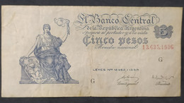 Argentina – Billete Banknote 5 Pesos Moneda Nacional – Serie G Progreso - Año 1952 - Argentina