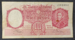 Argentina – Billete Banknote 10 Pesos Moneda Nacional – Ley 12.962 Y 13.571 – Serie F - Año 1960 - Argentina