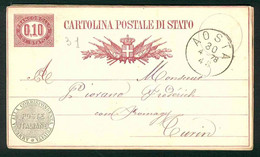 CLH381 -  CARTOLINA POSTALE DI STATO CENTESIMI 0,10 -  STORIA POSTALE 1878 DA AOSTA A TORINO INTERO POSTALE - Postwaardestukken