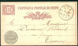 CLH382 -  CARTOLINA POSTALE DI STATO CENTESIMI 0,10 -  STORIA POSTALE 1878 DA AOSTA A TORINO INTERO POSTALE - Stamped Stationery