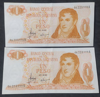 Argentina – Lote 2 Billetes Banknote Consecutivos De $1 Ley 18.188 Serie A – Año 1970 - Argentine