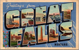 Greetings From Great Falls Montana Large Letter Linen 1953 Curteich - Saluti Da.../ Gruss Aus...