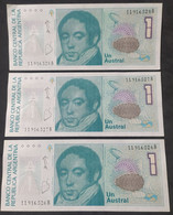 Argentina – Lote 3 Billetes Banknote Consecutivos De 1 Austral – Serie B – Año 1986 – Sin Circular - Argentine