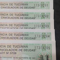 Prov. De Tucuman – Argentina – Lote 5 Bonos De Deuda 1 Austral – Consecutivos – 1988 – S/C - Argentine