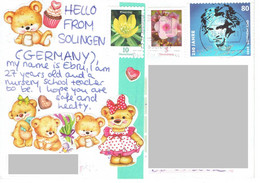 C2 : Germany Beethoven, Flower Stamps Used On Postcard - Lettres & Documents