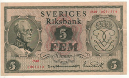 SWEDEN   5 Kronor  P41    Dated 1948    ( King Gustav V + Arms At Back ) - Svezia