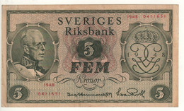 SWEDEN   5 Kronor  P41    Dated 1948    ( King Gustav V + Arms At Back ) - Svezia