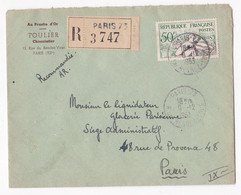 Enveloppe Publicitaire 1953 Au Praslin D’Or , Toulier Chocolatier, Paris, En Recommandé. - 1921-1960: Modern Period