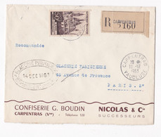 Enveloppe Publicitaire 1953 , Confiserie G. Boudin, Nicolas é Cie, Carpentras, En Recommandé. - 1921-1960: Modern Period