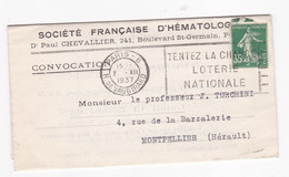 Lettre 1937 Société Française D’Hématologie Paris, Pour Le Professeur J. Turchini Montpellier - 1921-1960: Periodo Moderno