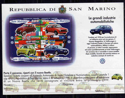 REPUBBLICA DI SAN MARINO 1997 LE GRANDI INDUSTRIE AUTOMOBILISTICHE VOLKSWAGEN BLOCCO FOGLIETTO BLOCK SHEET USATO USED - Used Stamps