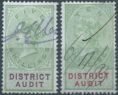 Great Britain-ENGLAND,Queen Victoria,1870-1800 Revenue Stamp Tax Fisca,DISTRICT AUDIT,5 & 10 Shillings,Used - Fiscale Zegels