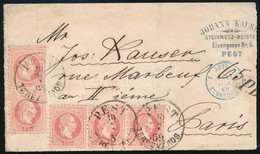 1869 5 X 5kr Közte Hármascsík Levélen Párizsba "PEST TERÉZVÁROS" - Other & Unclassified