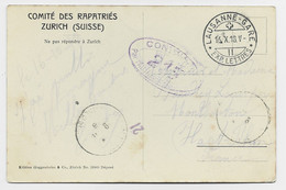 HELVETIA SUISSE CARTE COMITE DES RAPATRIES ZURICH + LAUSANNE GARE 16.X.1918 POUR FRANCE HAUT RHIN CENSURE 215 - Postmarks