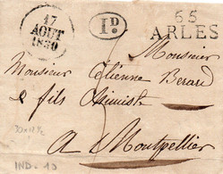 "65 ARLES"(sur Tech),30X12,5,L.S.C. Du 17/8/1830 Pour MONTPELLIER,1 Décime Rural. - 1801-1848: Vorläufer XIX