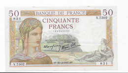 Billet France 50 Francs Cérès - BF..30.12.1937.BF. Série V.7302 - 50 F 1934-1940 ''Cérès''