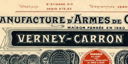 1908 ENTETE ARMES MANUFACTURE CHASSE ET TIR Verney Carron Frères St Etienne Pour Coste Bez  à Peyrat Ariège B.E. V.HISTO - 1900 – 1949