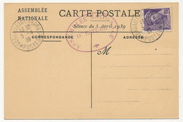 FRANCE - CPA Affr 40c Mercure CAD "Versailles Congrès *Postes* " 5/4/1939 + Questure / Salle Des Séances - Gedenkstempel