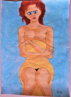 LA JEUNE FILLE AU DECOLLETE ACRYLIQUE SUR PAPIER DESSIN MANGA ORIGINAL 21 X 29.7 - Acryliques