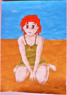 LA PETITE ROUSSE A LA PLAGE ACRYLIQUE SUR PAPIER DESSIN MANGA ORIGINAL 21 X 29.7 PIN UP - Acryliques