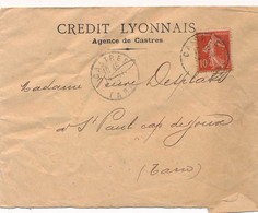 LETTRE PERFORE CREDIT LYONNAIS AGENCE DE CASTRES TARN SEMEUSE PERFIN COVER - Briefe U. Dokumente