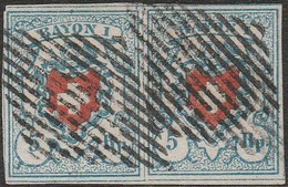 503 - Swiss / Svizzera 1850 - Rayon I, 5 Rappen, Azzurro Chiaro E Rosso, Coppia Orizzontale Annullata Ripetutamente - 1843-1852 Federale & Kantonnale Postzegels