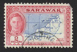 Sarawak Sc# 193 Used Corner Tear 1950 $2 Rose Carmine & Blue  KGVI Map - Sarawak (...-1963)