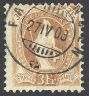 Switzerland Sc# 88b Used (Wmk Type II) 1901-1903 3fr Yellow Brown Helvetia - Used Stamps