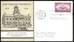 USA Sc# 838 (cachet) FDC (a) (Des Moines, IA) 1938 8.24 Iowa 100th - 1851-1940