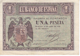 BILLETE DE BURGOS DE 1 PTA DEL 30 ABRIL 1938 SERIE D EN CALIDAD MBC (VF)  (BANKNOTE) - 1-2 Pesetas