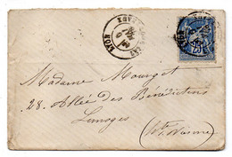 1878--lettre De  LYON Les Brotteaux - Rhône  Pour LIMOGES- Hte Vienne     Type Sage  25c .........à Saisir - 1877-1920: Semi Modern Period
