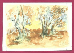 Aquarelle Anonyme Sur Papier Type Canson 2scans Arbres En Automne 13,6 Cm X 9,5 Cm - Aquarelles