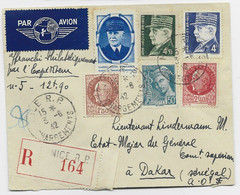 FRANCE PETAIN DIVERS + MERCURE + VIGNETTE PETAIN LETTRE REC AVION NICE RP 3.6.1942 POUR ETAT MAJOR GENERAL SENEGAL - 1941-42 Pétain