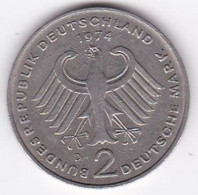 2 Deutsche Mark 1974 D MUNICH , Theodor Heuss , Cupronickel, KM# A127 - 2 Marcos