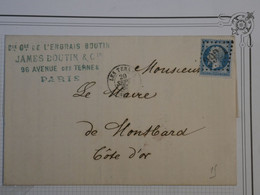 BM18 FRANCE BELLE LETTRE  1867 PARIS A MONTBARD    +NAPOLEON N°22 ++AFFRANCH. INTERESSANT - 1862 Napoleone III
