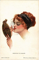 PC ARTIST SIGNED, HARRISON FISHER, PREPARING TO CONQU, Vintage Postcard (b45210) - Fisher, Harrison